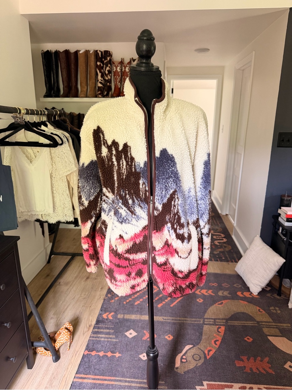 Shyanne Multicolor Teddy Jacket in Cream, Brown, Blue & Pink